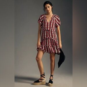 Anthropologie Robin Tiered Chic Red and Black Patterned Dress